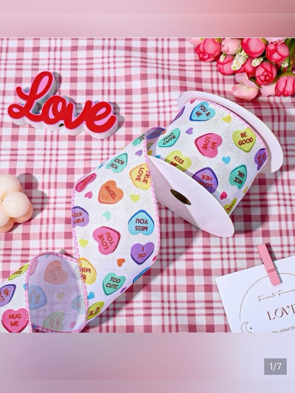 NWT 2 ROLLS 20 Yards Total Valentine’s Conversation Heart Ribbon. 🎀💚🩵🎀💜🩷🎀